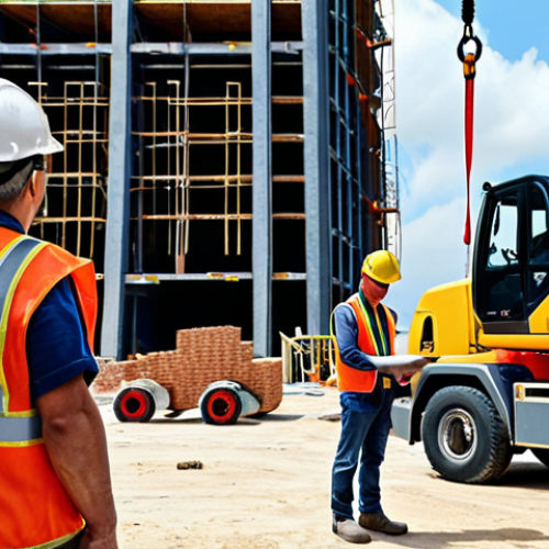 **A construction site safety engineer attentively observing workers, some without hard hats, near a crane lifting a load. The scene emphasizes the engineer's vigilance and the immediate risk.**