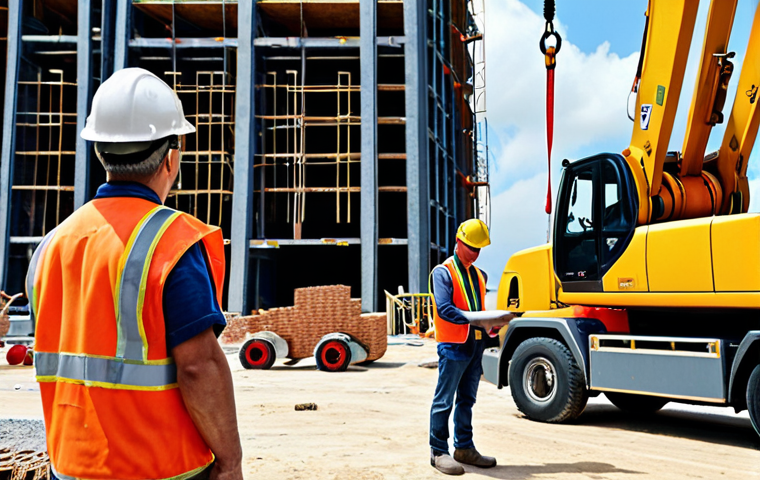 **A construction site safety engineer attentively observing workers, some without hard hats, near a crane lifting a load. The scene emphasizes the engineer's vigilance and the immediate risk.**