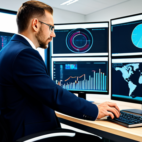 A professional safety specialist in a modest business suit, seated at a modern, high-tech workstation in a sleek office. Multiple large screens display complex cybersecurity dashboards, real-time data analytics, and digital charts related to industrial control systems (ICS) and network security. One screen shows an e-learning platform or global safety standard documents, symbolizing continuous learning and adaptation. The specialist has a focused, professional expression, embodying proactive defense in a digital landscape. Fully clothed, appropriate attire, professional dress, safe for work, appropriate content, perfect anatomy, correct proportions, natural pose, well-formed hands, proper finger count, natural body proportions, professional photography, high quality.