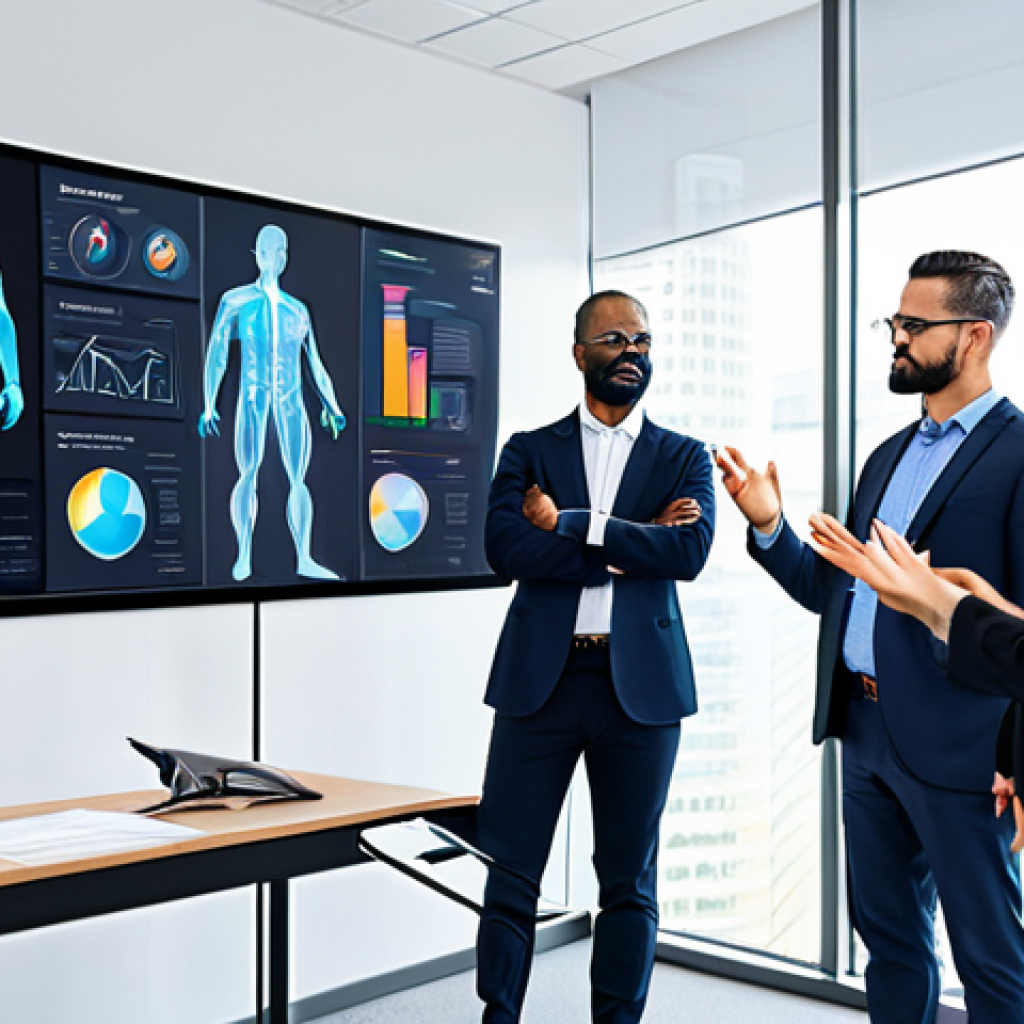 A diverse group of professional employees, fully clothed in modern business attire, actively engaged in a training session focused on safety. They are gathered around a sleek, futuristic screen displaying interactive holographic charts and personalized learning modules related to workplace safety protocols, illustrating AI's role in tailoring education. The modern office background is bright and clean. perfect anatomy, correct proportions, natural poses, well-formed hands, proper finger count, natural body proportions, professional photography, high quality, safe for work, appropriate content, modest clothing, family-friendly.