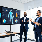A diverse group of professional employees, fully clothed in modern business attire, actively engaged in a training session focused on safety. They are gathered around a sleek, futuristic screen displaying interactive holographic charts and personalized learning modules related to workplace safety protocols, illustrating AI's role in tailoring education. The modern office background is bright and clean. perfect anatomy, correct proportions, natural poses, well-formed hands, proper finger count, natural body proportions, professional photography, high quality, safe for work, appropriate content, modest clothing, family-friendly.
