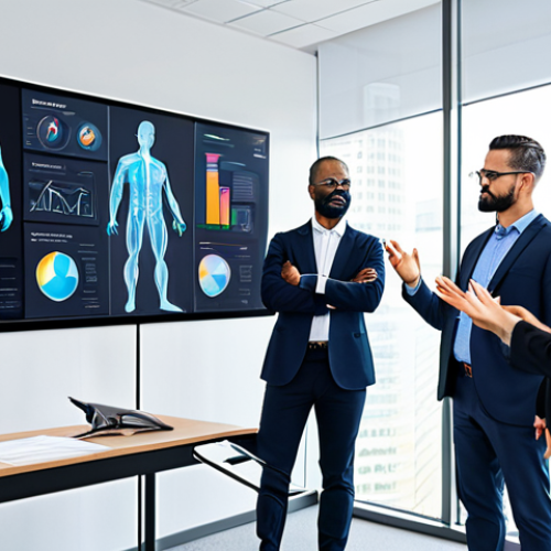 A diverse group of professional employees, fully clothed in modern business attire, actively engaged in a training session focused on safety. They are gathered around a sleek, futuristic screen displaying interactive holographic charts and personalized learning modules related to workplace safety protocols, illustrating AI's role in tailoring education. The modern office background is bright and clean. perfect anatomy, correct proportions, natural poses, well-formed hands, proper finger count, natural body proportions, professional photography, high quality, safe for work, appropriate content, modest clothing, family-friendly.