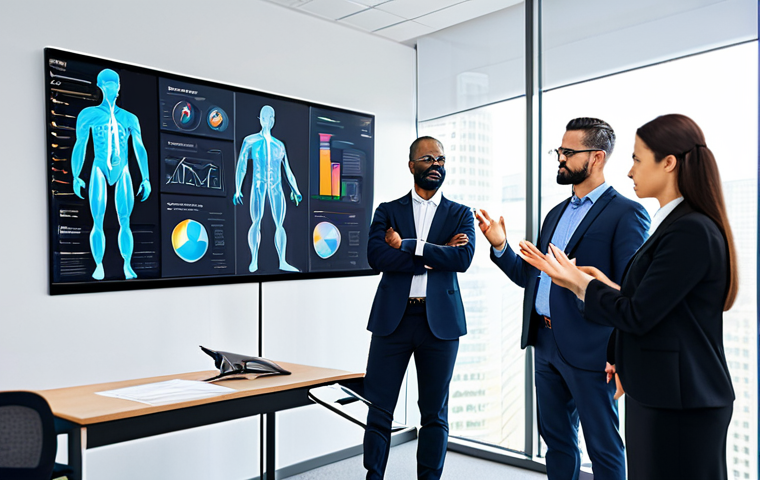 A diverse group of professional employees, fully clothed in modern business attire, actively engaged in a training session focused on safety. They are gathered around a sleek, futuristic screen displaying interactive holographic charts and personalized learning modules related to workplace safety protocols, illustrating AI's role in tailoring education. The modern office background is bright and clean. perfect anatomy, correct proportions, natural poses, well-formed hands, proper finger count, natural body proportions, professional photography, high quality, safe for work, appropriate content, modest clothing, family-friendly.