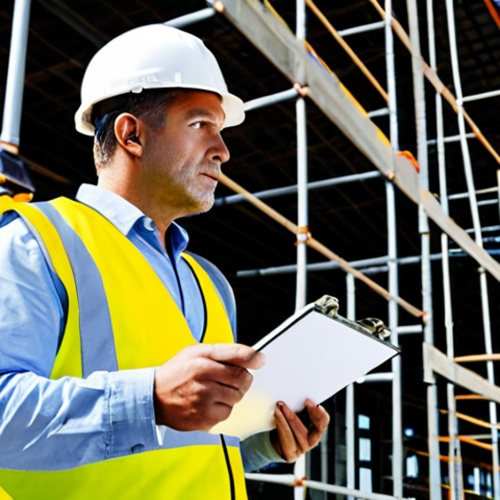 Workplace Safety Inspection**

"A safety inspector, fully clothed in a high-visibility vest and hard hat, observing construction workers on a building site, appropriate attire, documenting potential hazards with a clipboard. Background shows scaffolding and ongoing construction, safe for work, professional, perfect anatomy, correct proportions, natural pose, high quality, daytime setting, clear visibility, modest clothing, appropriate content."

**