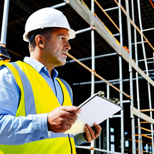 Workplace Safety Inspection**

"A safety inspector, fully clothed in a high-visibility vest and hard hat, observing construction workers on a building site, appropriate attire, documenting potential hazards with a clipboard. Background shows scaffolding and ongoing construction, safe for work, professional, perfect anatomy, correct proportions, natural pose, high quality, daytime setting, clear visibility, modest clothing, appropriate content."

**