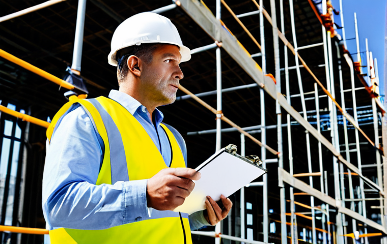 Workplace Safety Inspection**
"A safety inspector, fully clothed in a high-visibility vest and hard hat, observing construction workers on a building site, appropriate attire, documenting potential hazards with a clipboard. Background shows scaffolding and ongoing construction, safe for work, professional, perfect anatomy, correct proportions, natural pose, high quality, daytime setting, clear visibility, modest clothing, appropriate content."
**