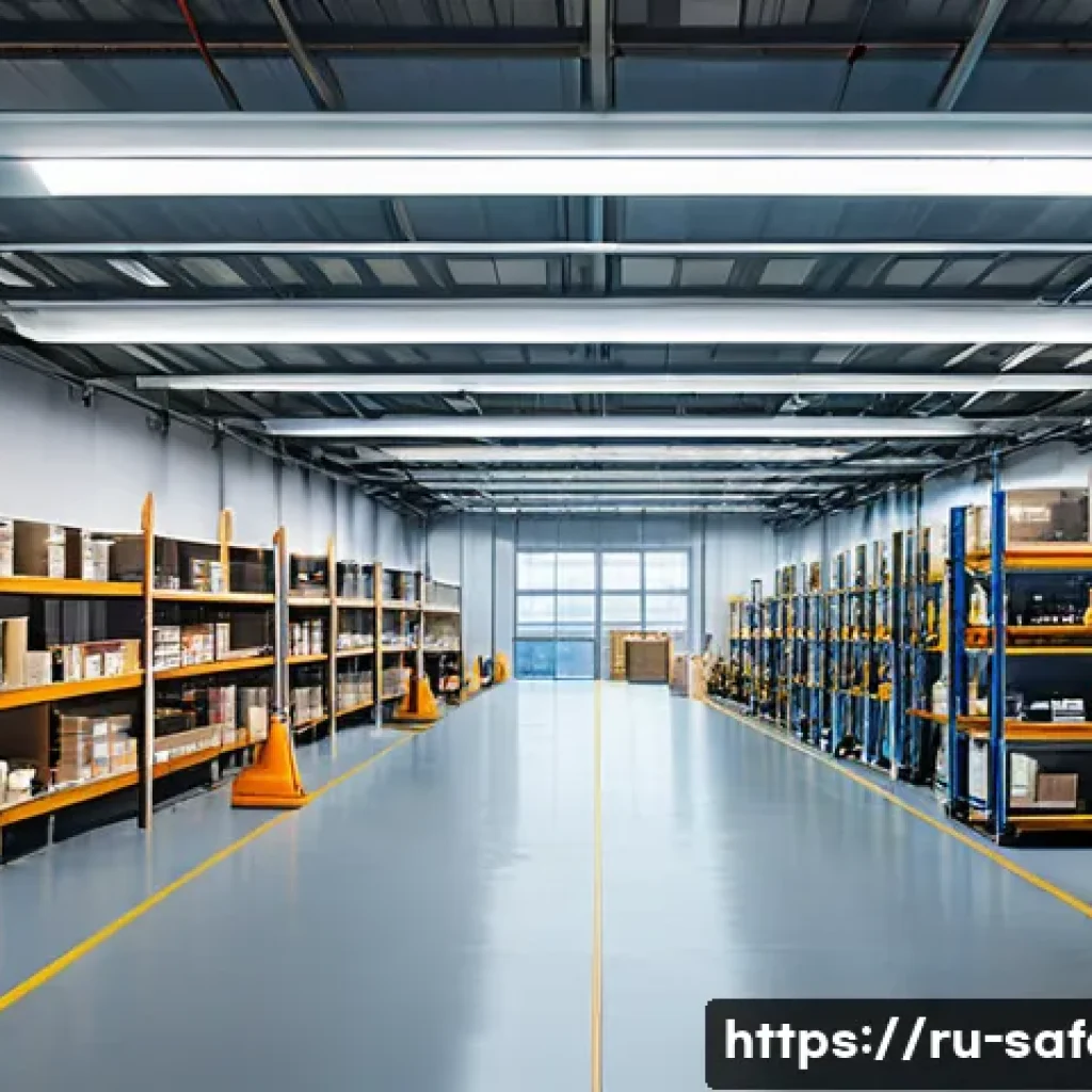 현장 근로자를 위한 안전 체크리스트 - A well-organized industrial workspace scene featuring clean floors, neatly arranged tools on labeled...