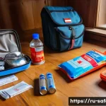 재난 대비 훈련 계획 수립법 - A detailed emergency preparedness kit neatly arranged on a wooden table in a typical Russian home se...