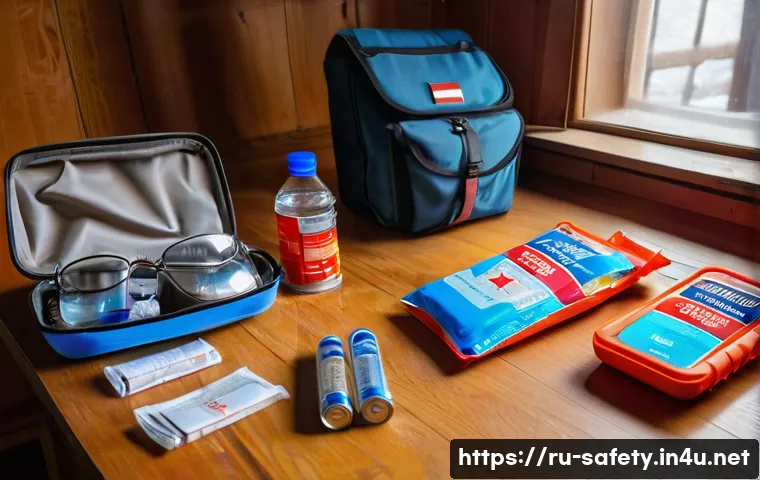재난 대비 훈련 계획 수립법 - A detailed emergency preparedness kit neatly arranged on a wooden table in a typical Russian home se...
