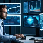 안전관리 분야 이직 성공 팁 - A modern cybersecurity professional working in a high-tech office environment, surrounded by multipl...