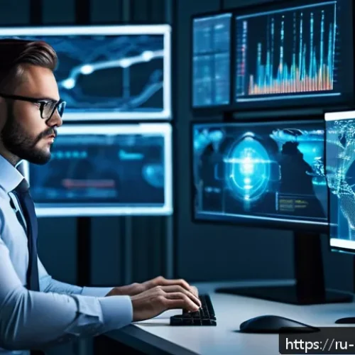 안전관리 분야 이직 성공 팁 - A modern cybersecurity professional working in a high-tech office environment, surrounded by multipl...