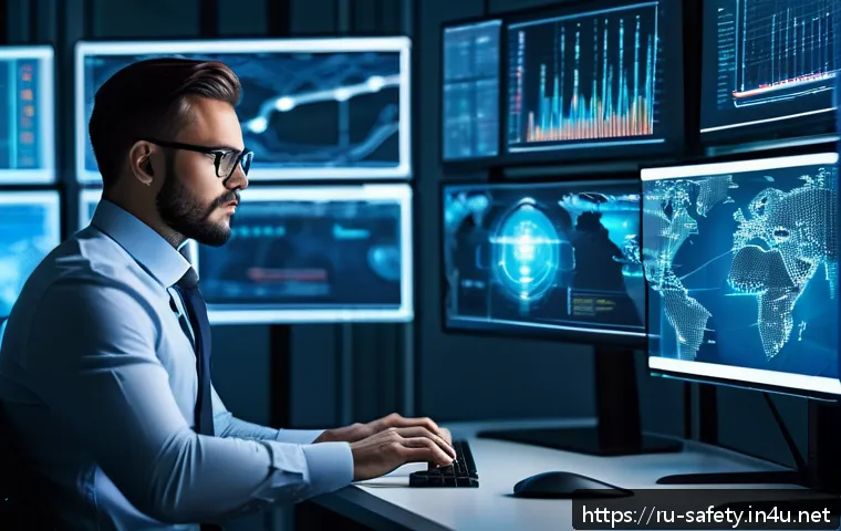 안전관리 분야 이직 성공 팁 - A modern cybersecurity professional working in a high-tech office environment, surrounded by multipl...