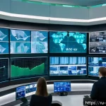안전관리 분야의 창업 아이디어 - A modern shopping mall security control room showcasing multiple large screens displaying real-time ...