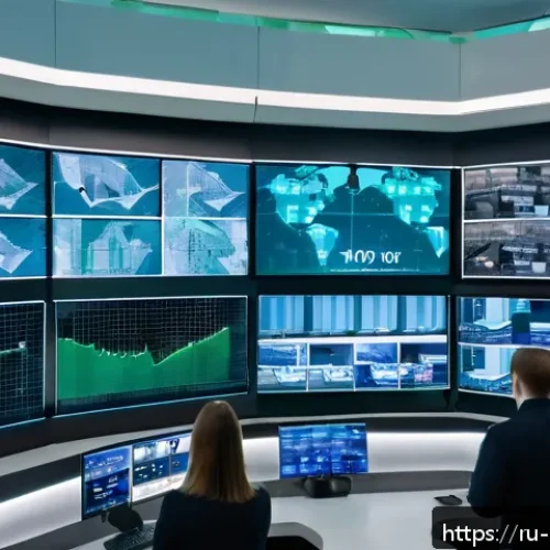 안전관리 분야의 창업 아이디어 - A modern shopping mall security control room showcasing multiple large screens displaying real-time ...