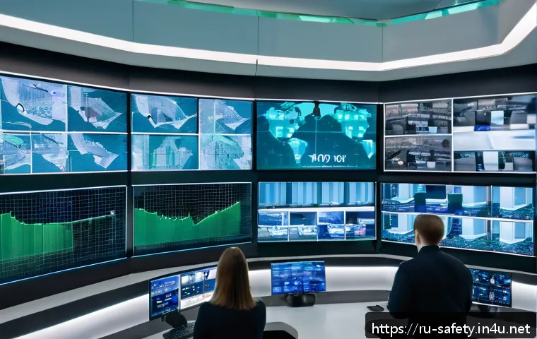 안전관리 분야의 창업 아이디어 - A modern shopping mall security control room showcasing multiple large screens displaying real-time ...