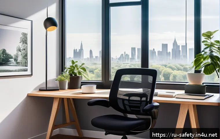 안전관리 직무 스트레스 해소법 - A modern, minimalist office workspace designed for stress reduction, featuring a clean desk with nea...