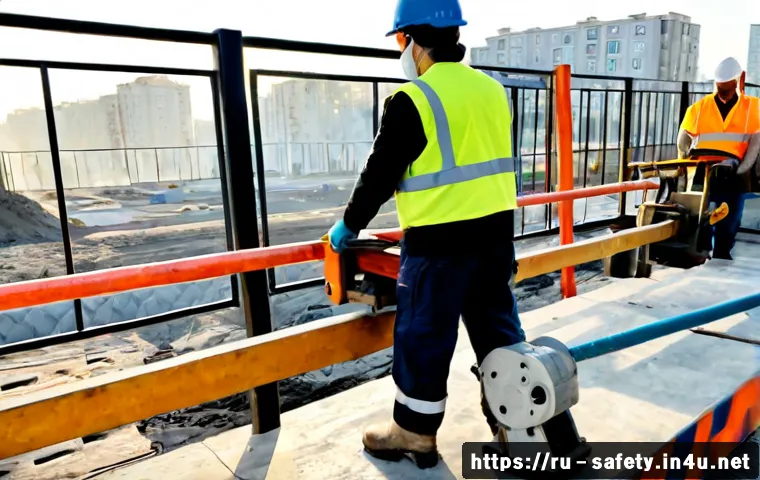 Home 17 건설업에서의 작업별 안전수칙 - Photorealistic Russian construction site safety scene, a middle-aged worker in high-visibility vest,...